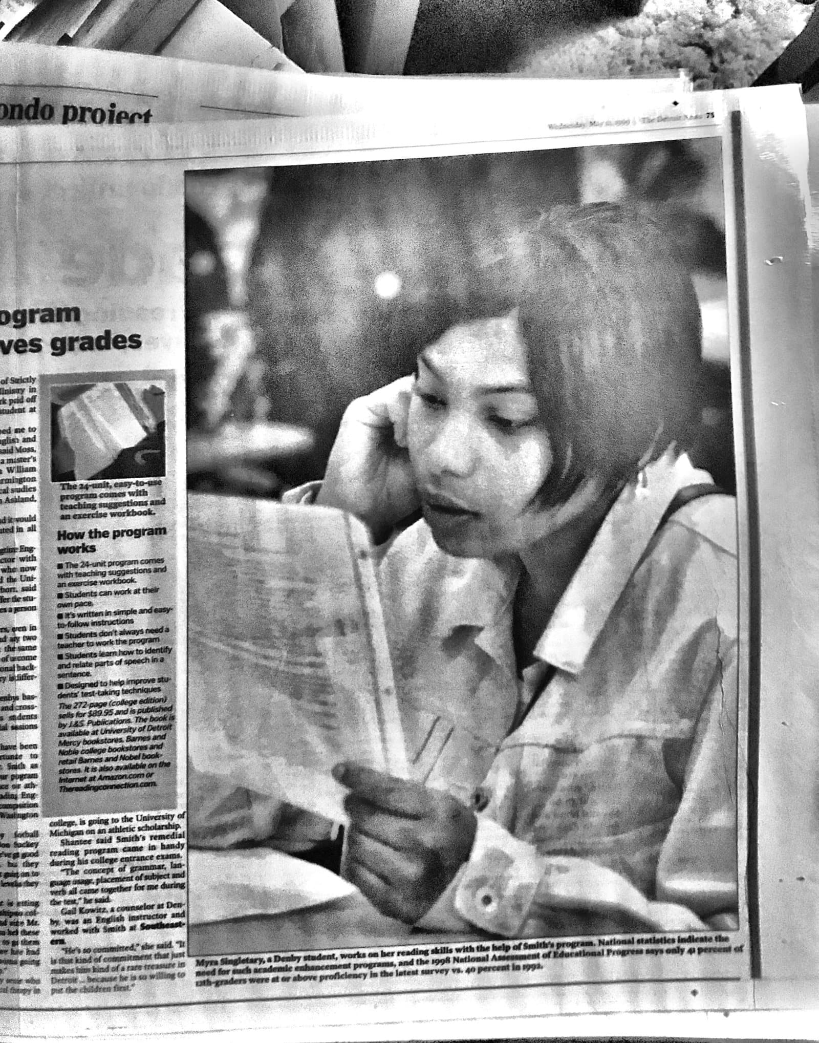 Page 7 — student Myra Singletary reading, beside a sidebar explaining how the program works.